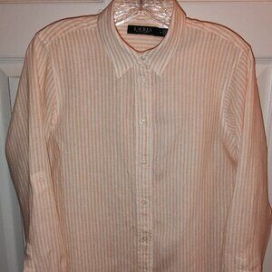 RALPH LAUREN WOMENS LINEN BUTTON DOWN SHIRT ROLL SLV PEACH/IVORY STRIPE MEDIUM